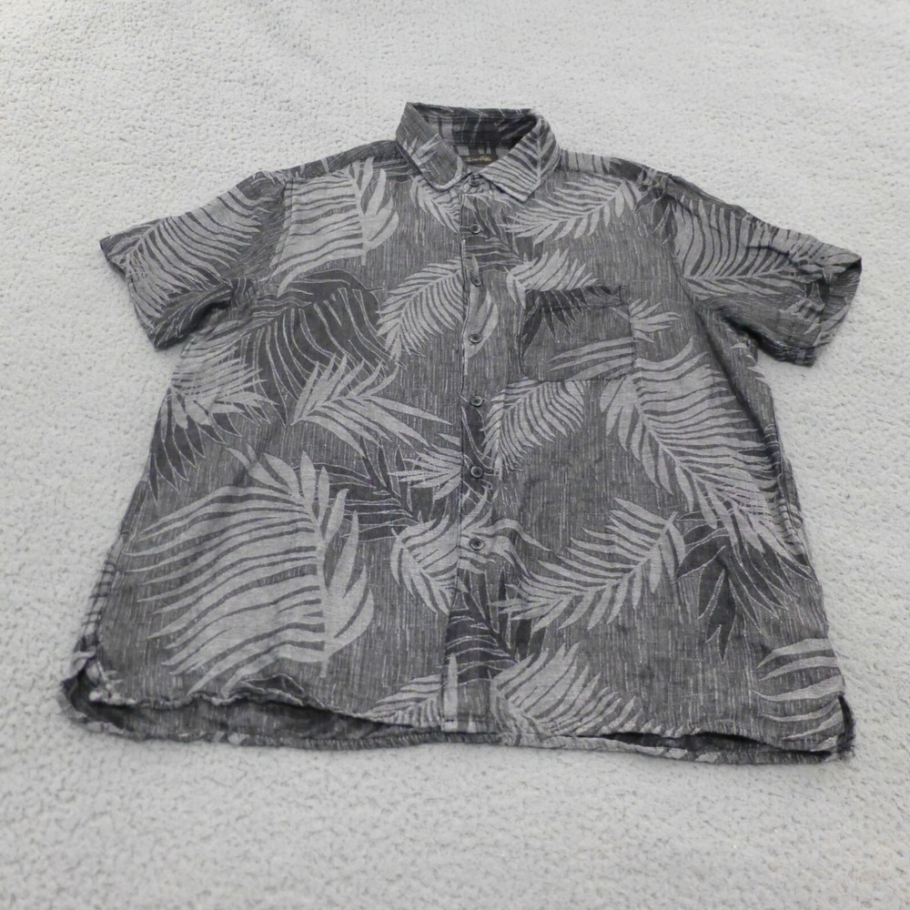 Tasso Elba Shirt Mens Large Button Up Linen Silk Hawaiian Short Sleeve Black